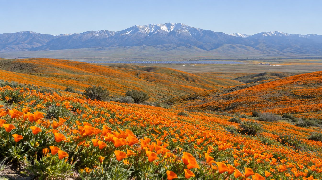 Spring poppies across the Antelope Valley with snow on the mountains beyond