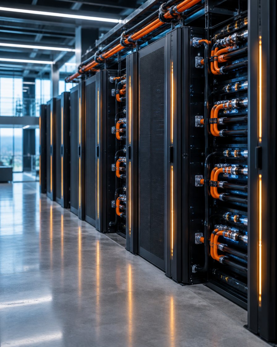 Liquid-cooled computing racks inside a technology building