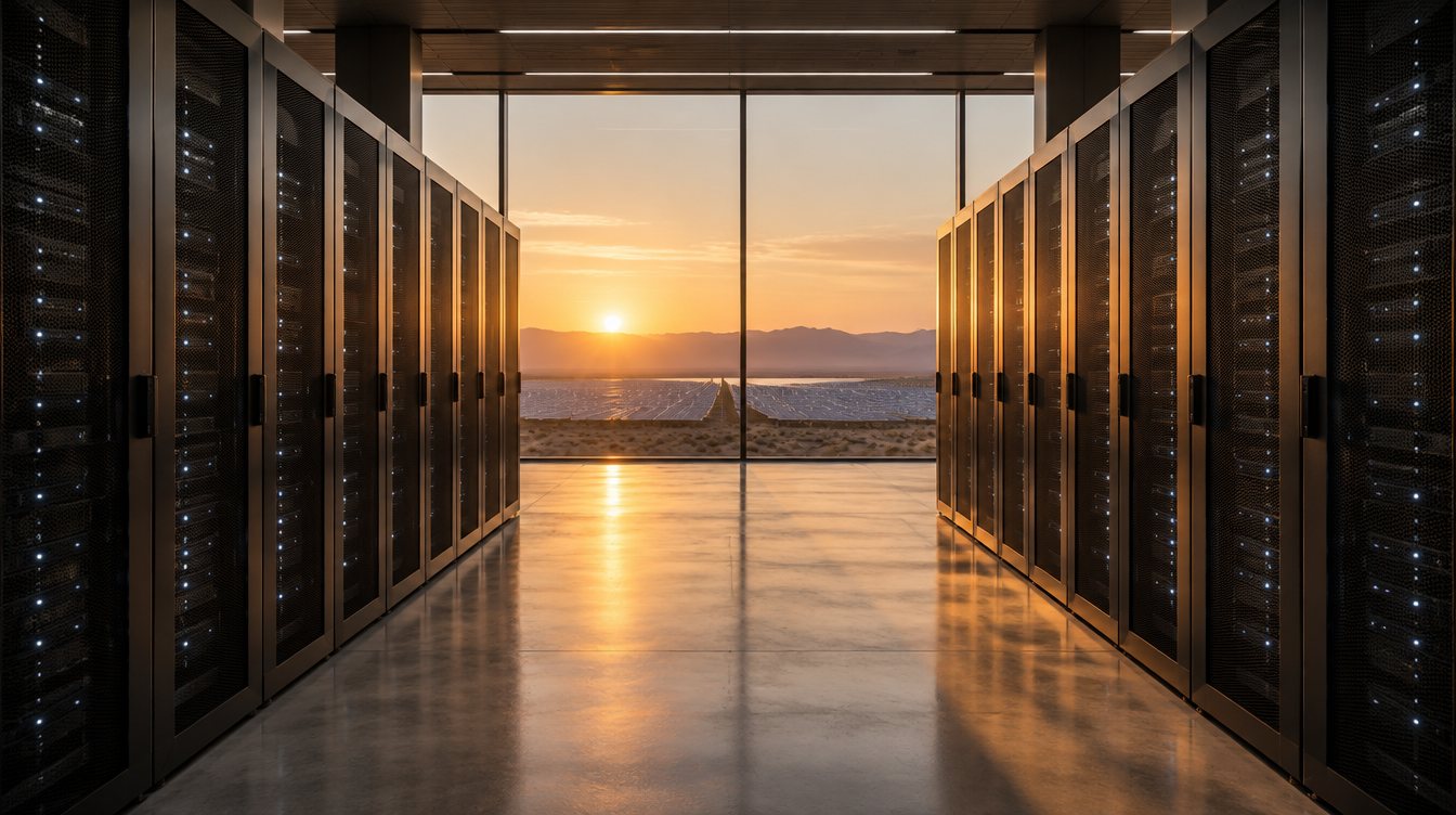 Inside a data hall at dawn, a window at the end of the aisle framing the sunrise over the solar field