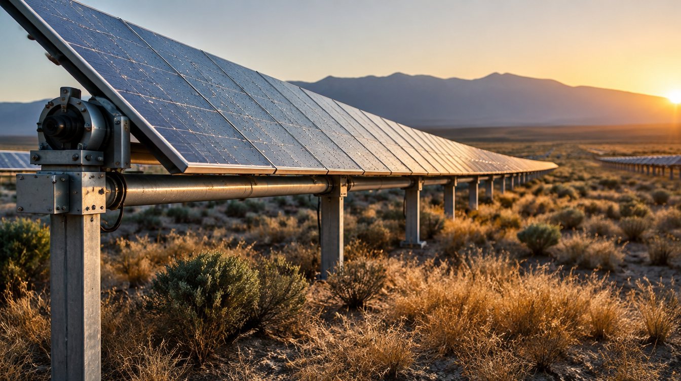 A row of solar trackers tilted toward the morning sun