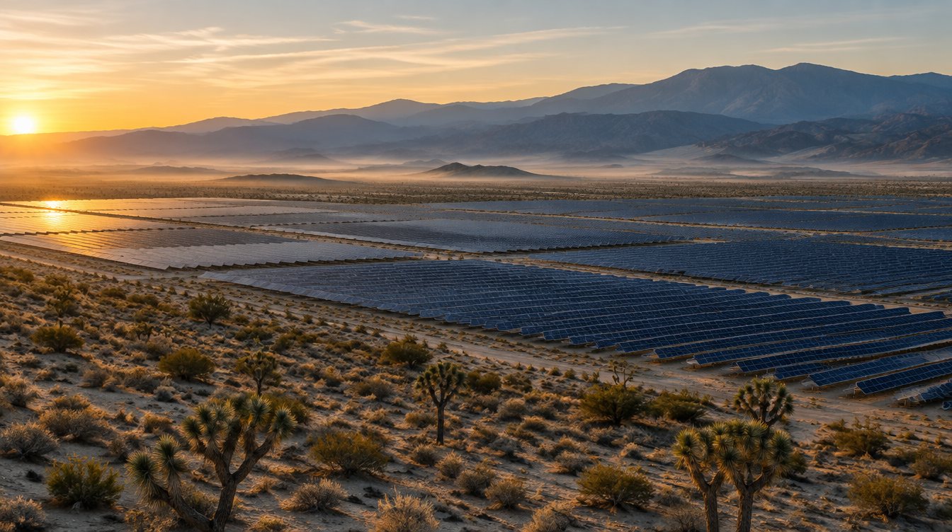 First light over the Lancaster One site in the Mojave high desert, solar arrays and Joshua trees below the Tehachapi mountains