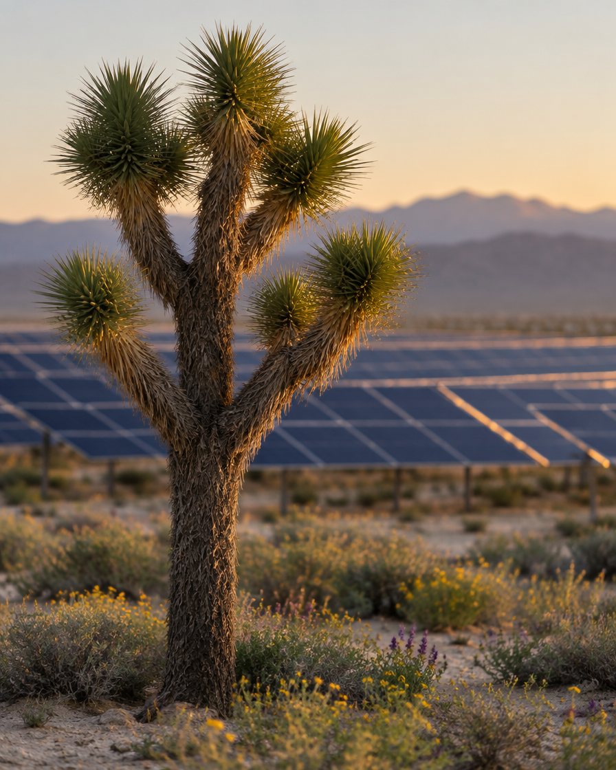 A Joshua tree in evening light with solar panels softly behind it