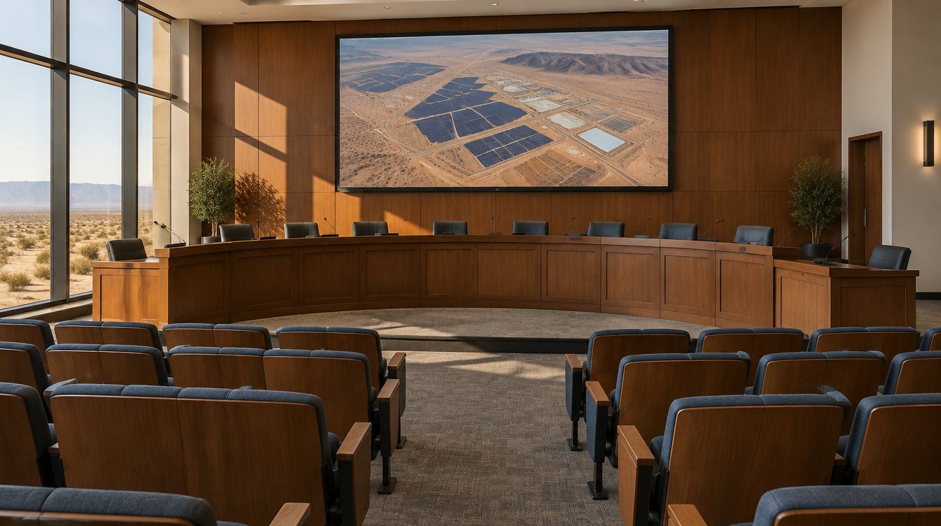 A city council chamber with the project site plan on screen