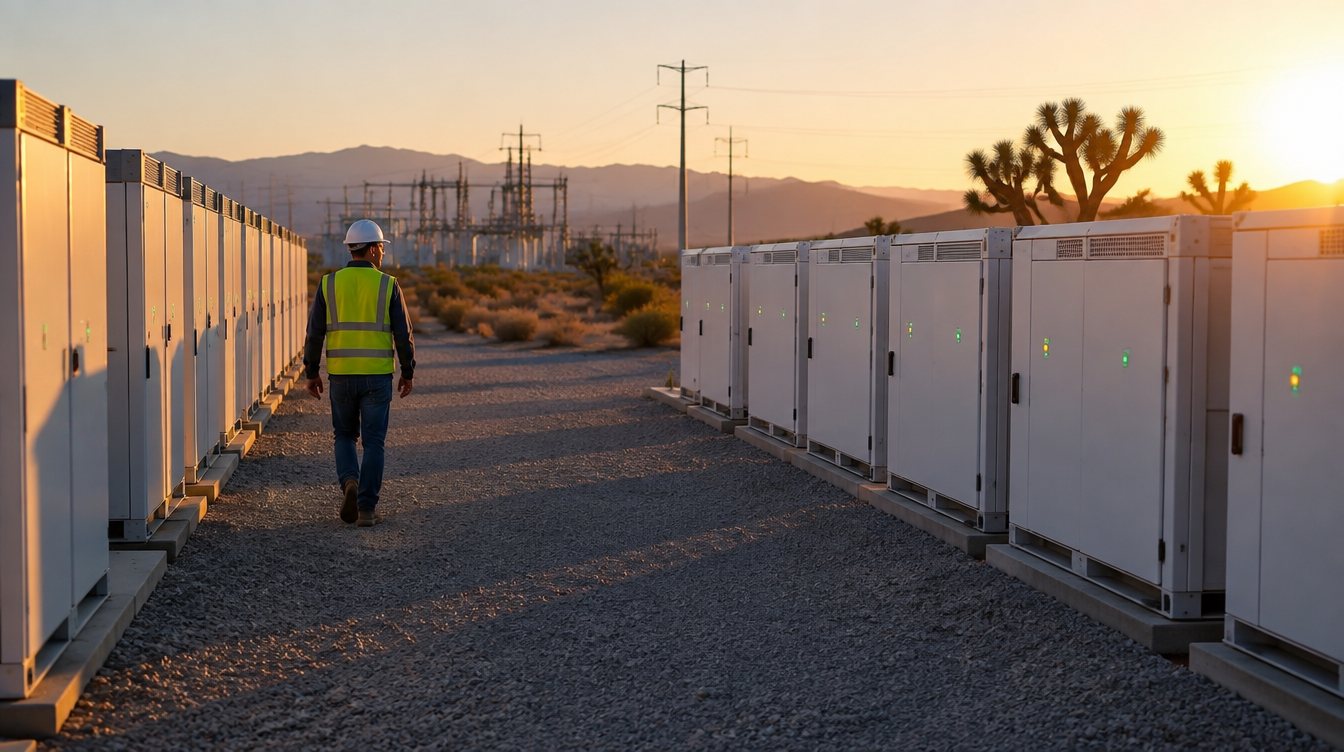 A technician walking between rows of battery storage enclosures at golden hour