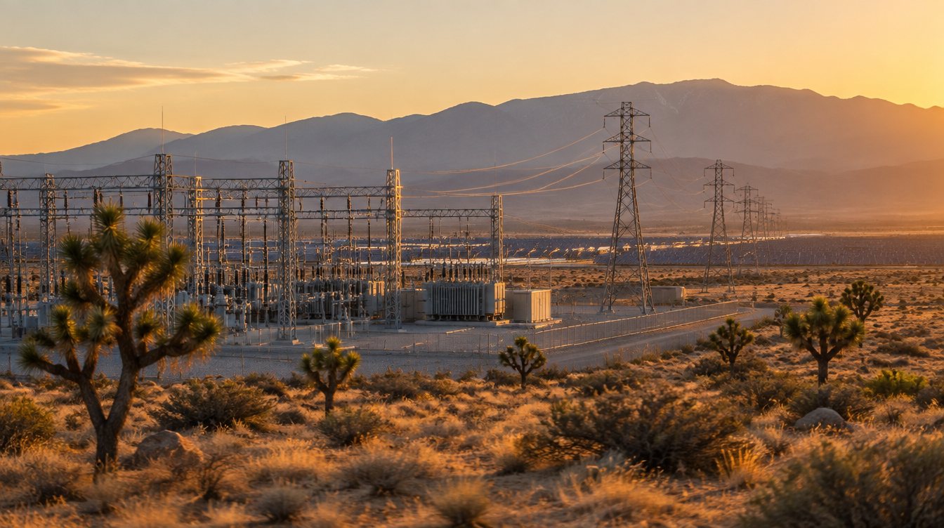 A substation and transmission structures at the edge of the campus