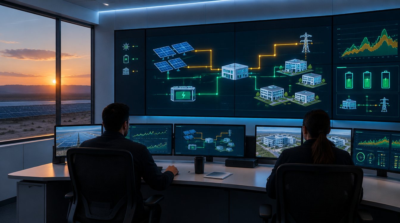 Operators in an energy control room watching a campus microgrid schematic